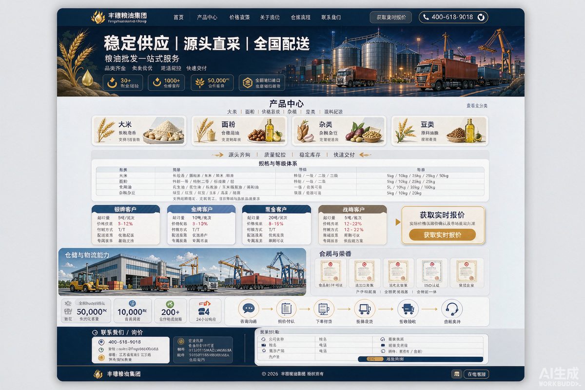 粮油批发企业站网站效果示意图 — 农业食品行业「稳重 · 供应」官网模板