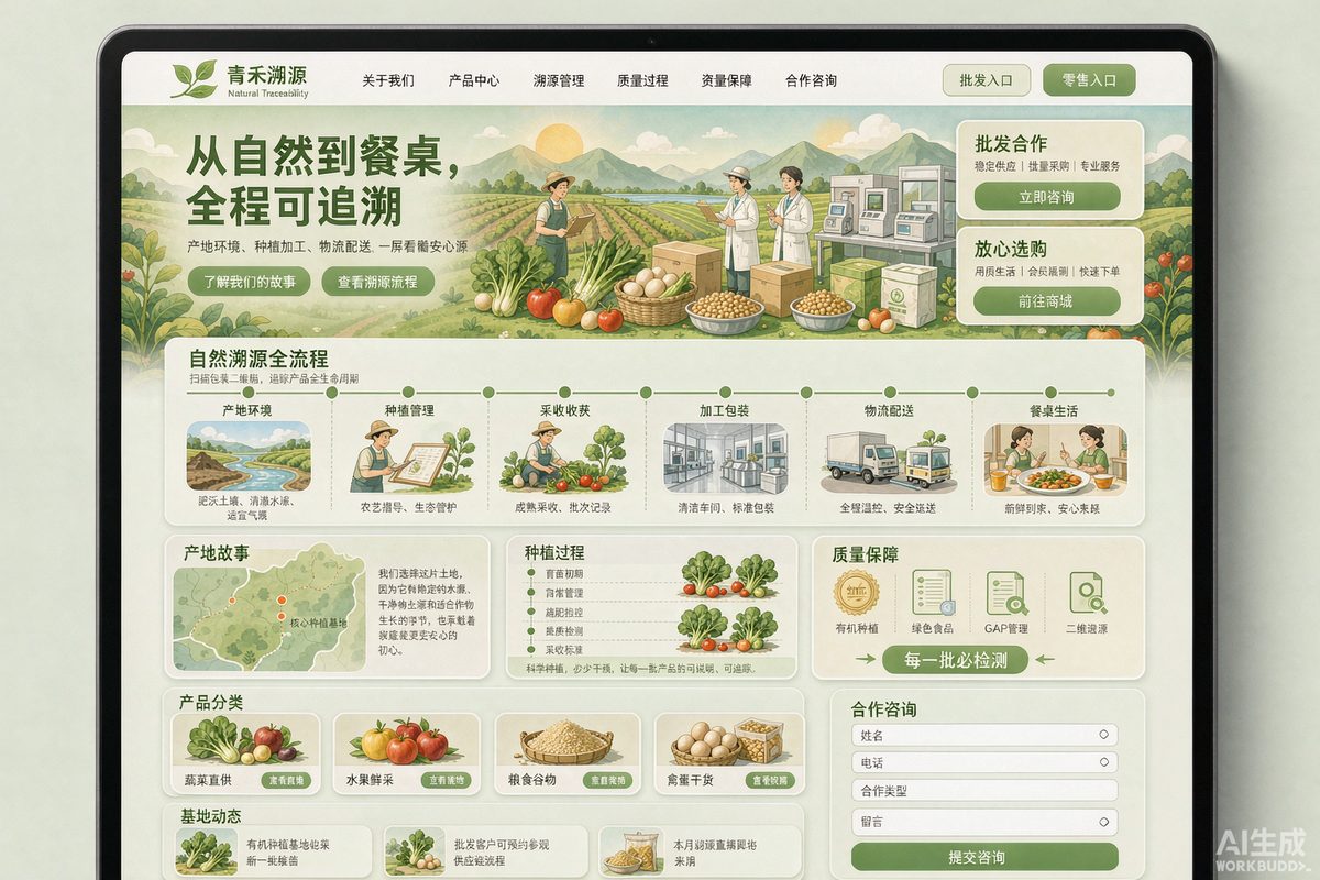农产品品牌站网站效果示意图 — 农业食品行业「自然 · 溯源」官网模板