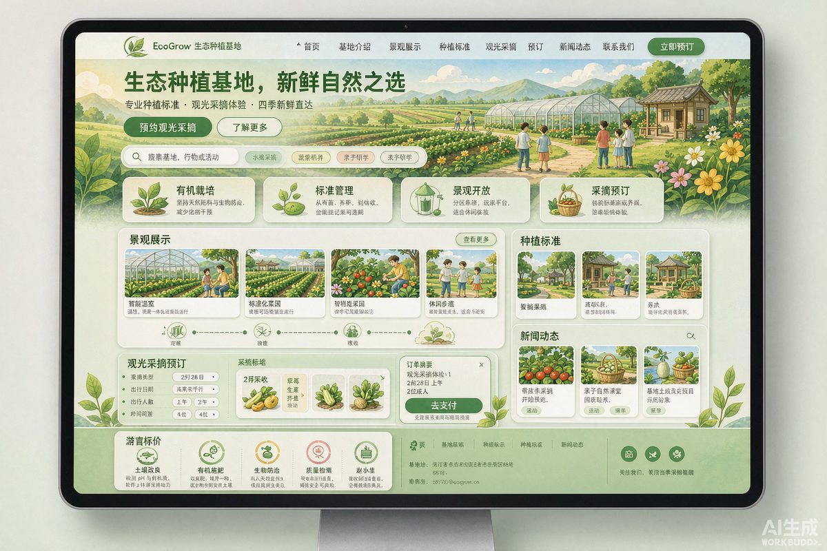 种植基地展示站网站效果示意图 — 农业食品行业「生态 · 直观」官网模板