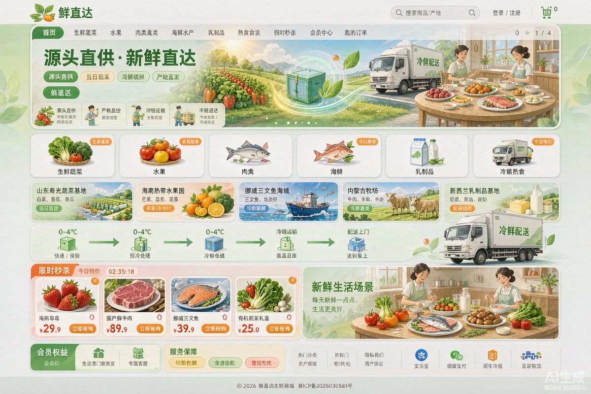 生鲜食品商城站网站效果示意图 — 电商零售行业「鲜活 · 促转化」官网模板