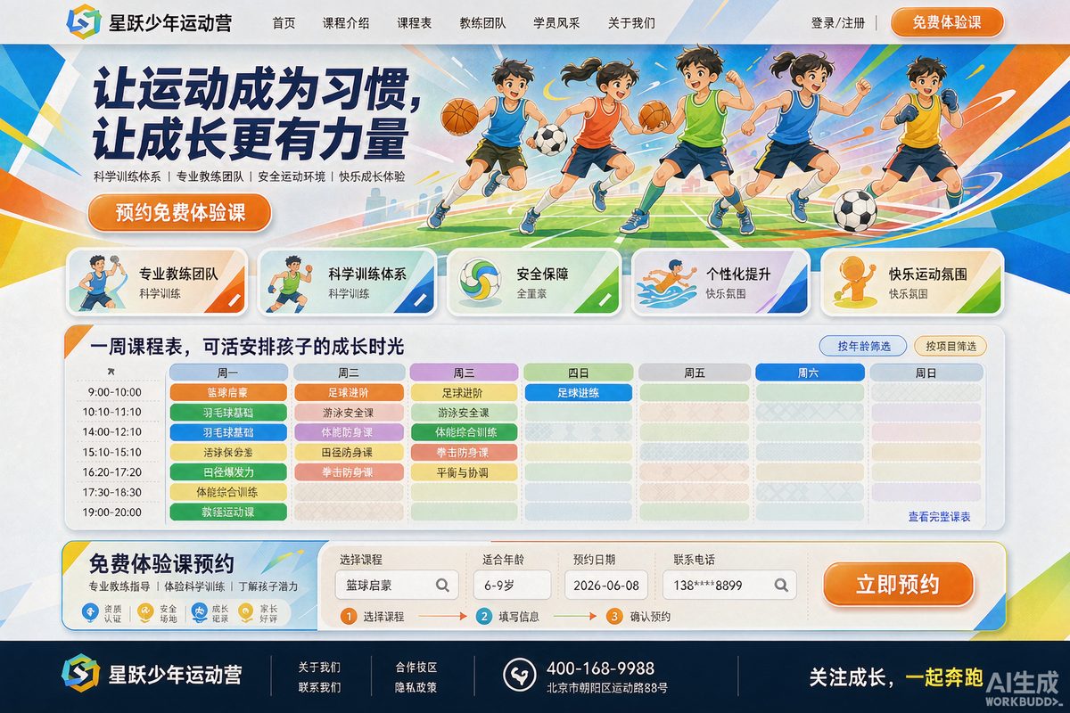 青少年体育培训页网站效果示意图 — 教育培训行业「活力 · 转化优先」官网模板