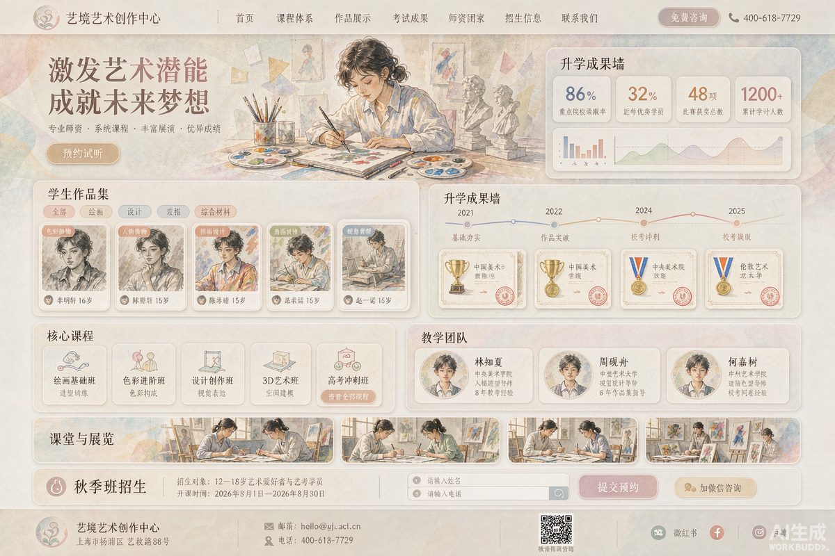 艺术培训机构站网站效果示意图 — 教育培训行业「文艺 · 作品展示」官网模板