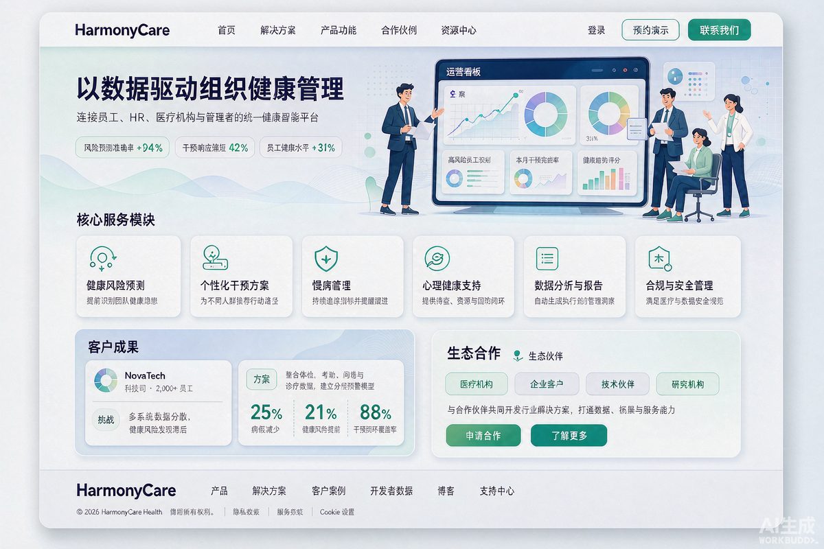 健康管理平台页网站效果示意图 — 医疗健康行业「科技 · 数据感」官网模板