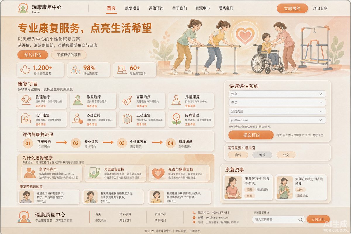 康复中心官网网站效果示意图 — 医疗健康行业「温暖 · 服务导向」官网模板