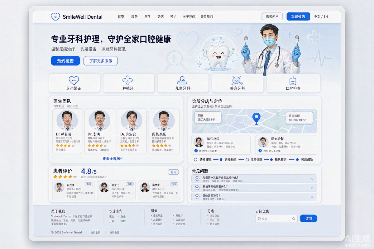 口腔门诊官网网站效果示意图 — 医疗健康行业「洁净 · 信任优先」官网模板