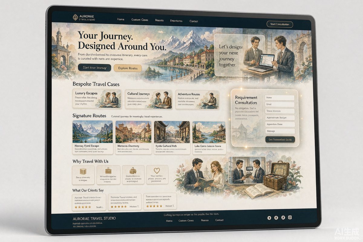 定制旅行工作室站网站效果示意图 — 酒店旅游行业「高端 · 个性化」官网模板