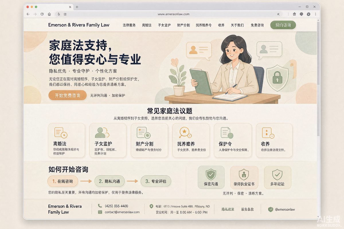 婚姻家事律师站网站效果示意图 — 法律服务行业「温和 · 隐私优先」官网模板