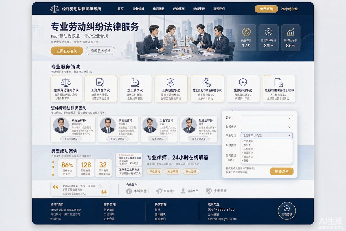 劳动纠纷律所站网站效果示意图 — 法律服务行业「专业 · 领域导向」官网模板
