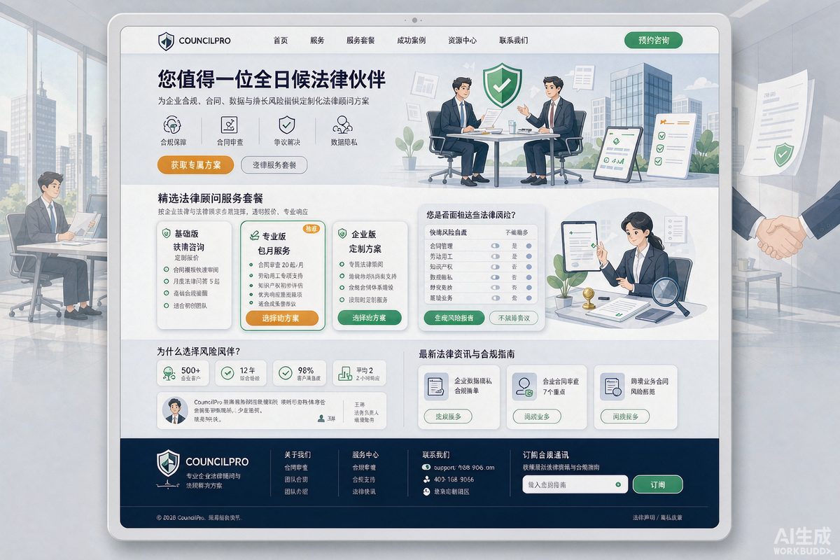 企业常法顾问站网站效果示意图 — 法律服务行业「B 端 · 方案化」官网模板