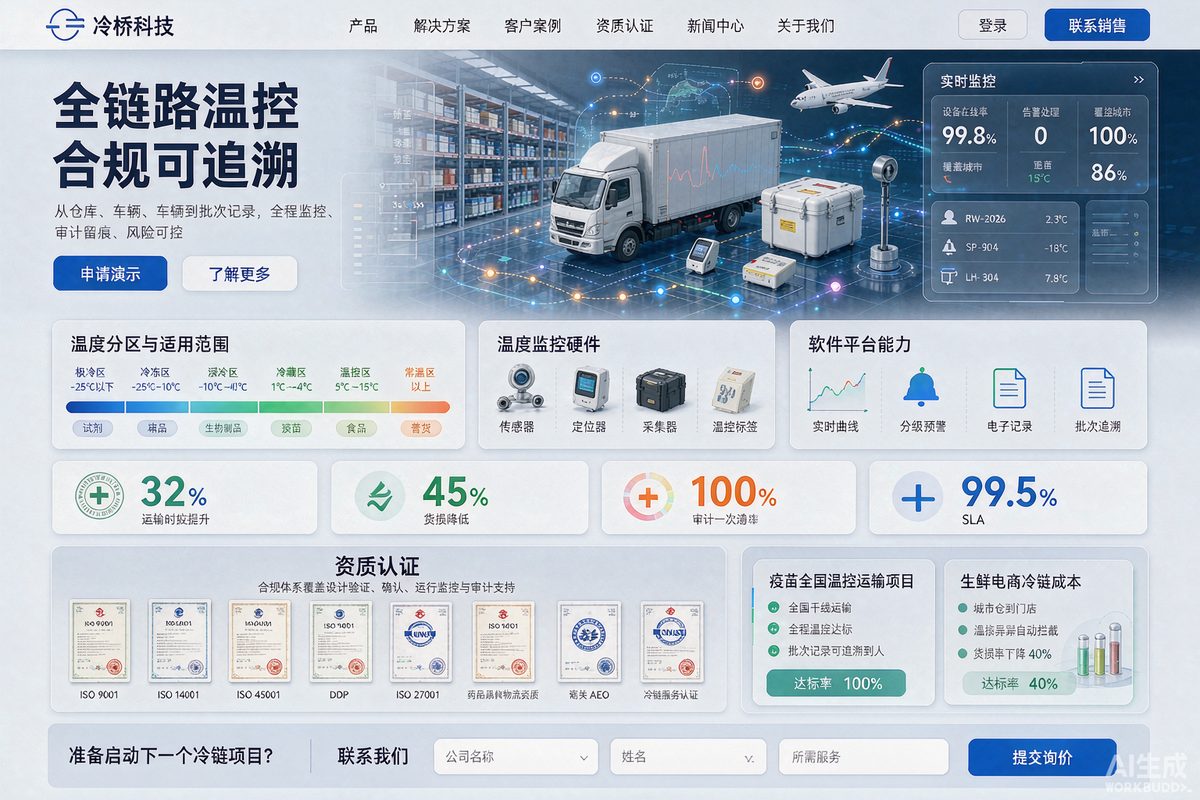 冷链物流服务站网站效果示意图 — 物流仓储行业「科技 · 合规」官网模板