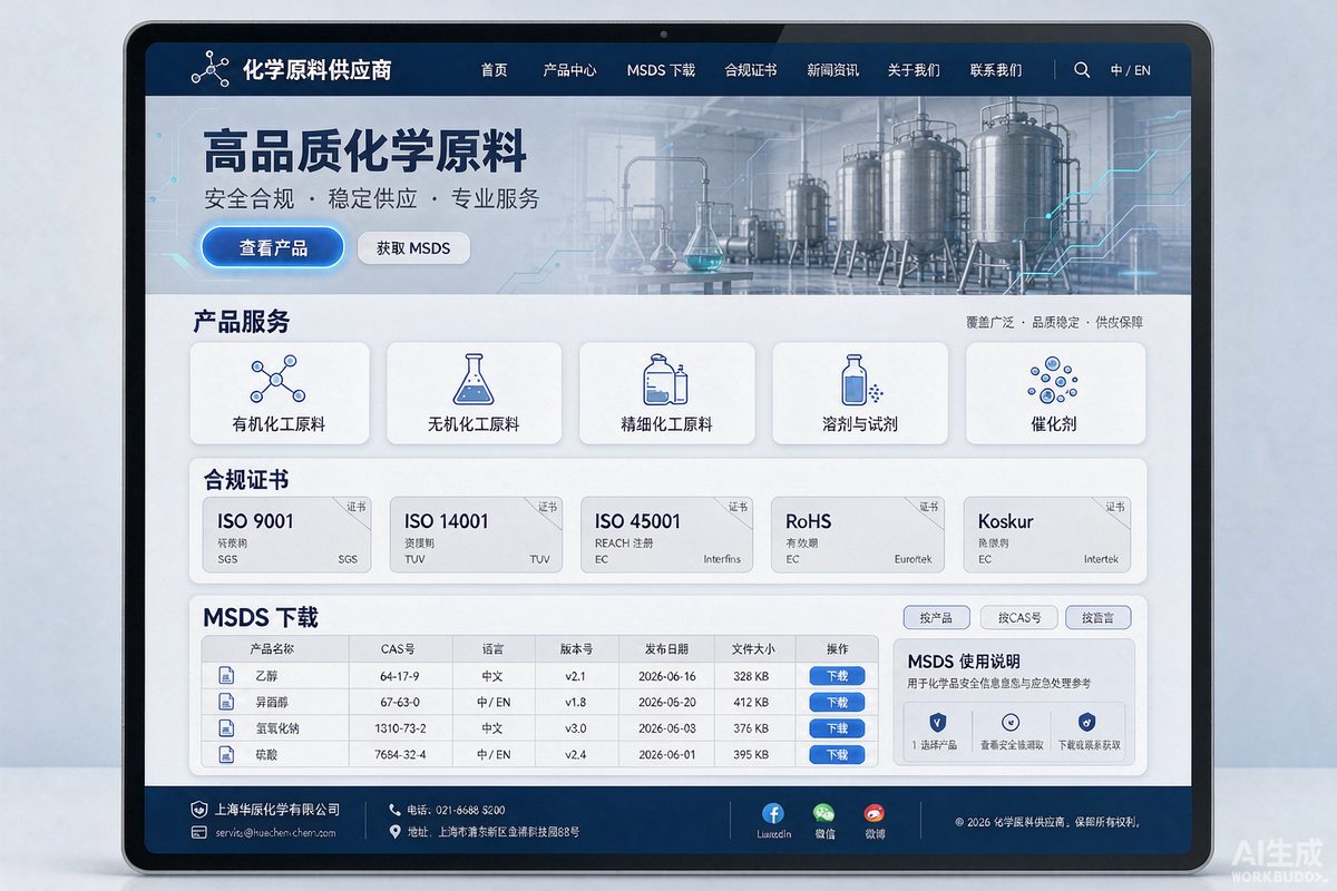 化工原料企业官网网站效果示意图 — 制造业行业「稳重 · 合规优先」官网模板