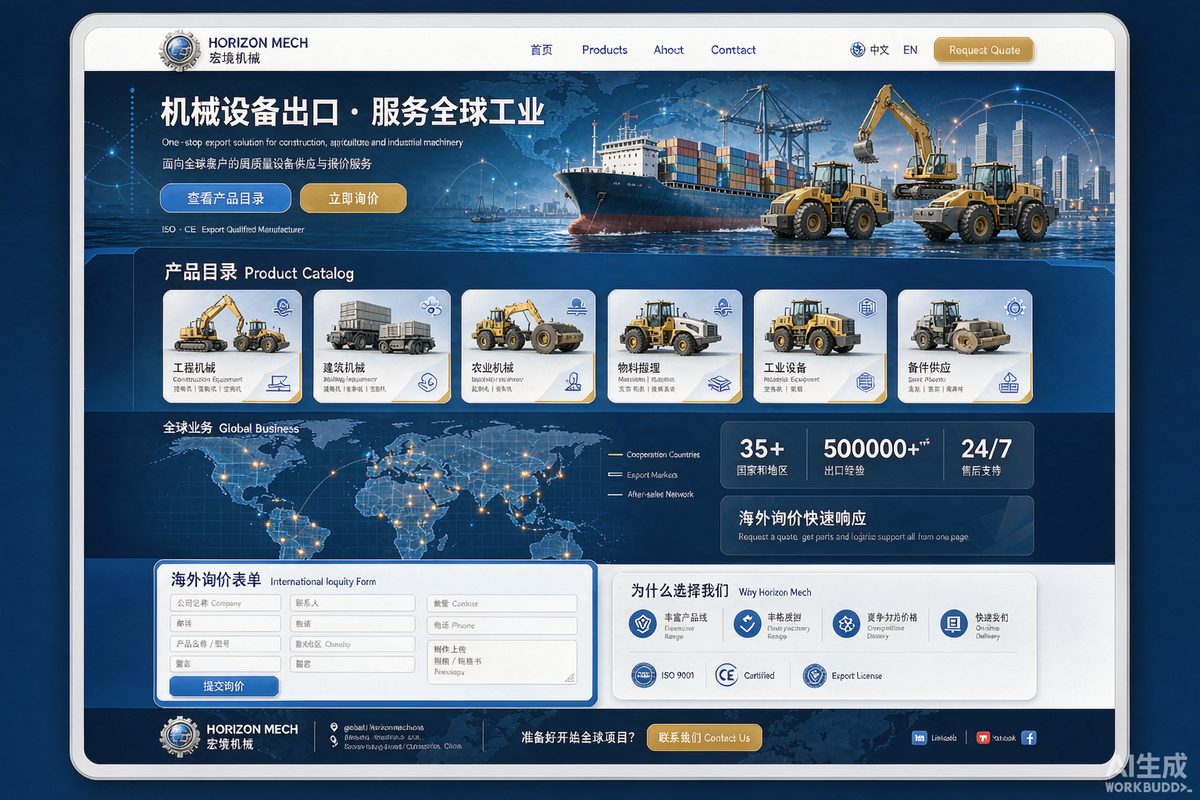 机械出口多语言站网站效果示意图 — 制造业行业「双语 · 海外优化」官网模板