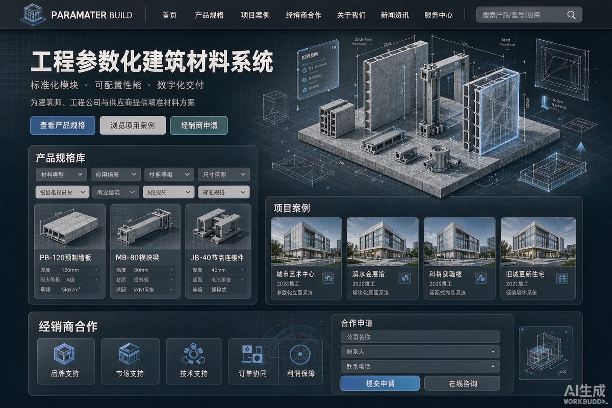 建材品牌企业站网站效果示意图 — 房产家居行业「工程 · 参数化」官网模板