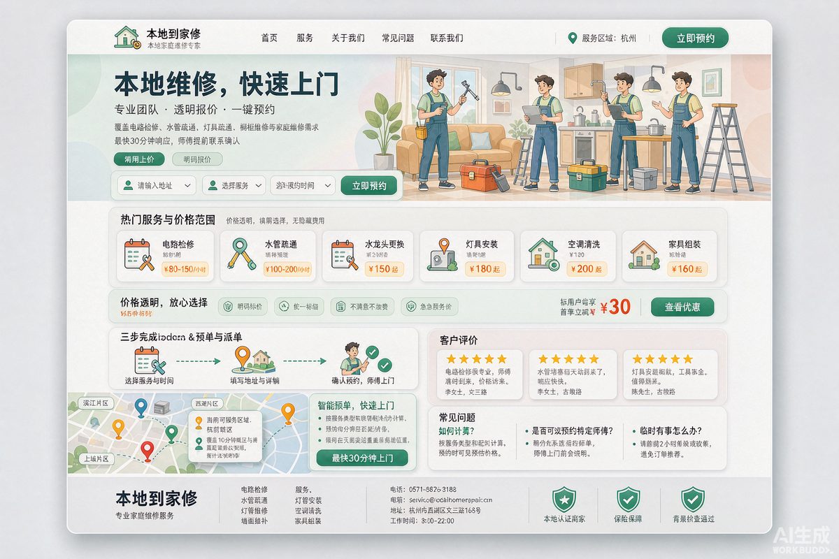 家居维修服务页网站效果示意图 — 房产家居行业「转化 · 本地化」官网模板