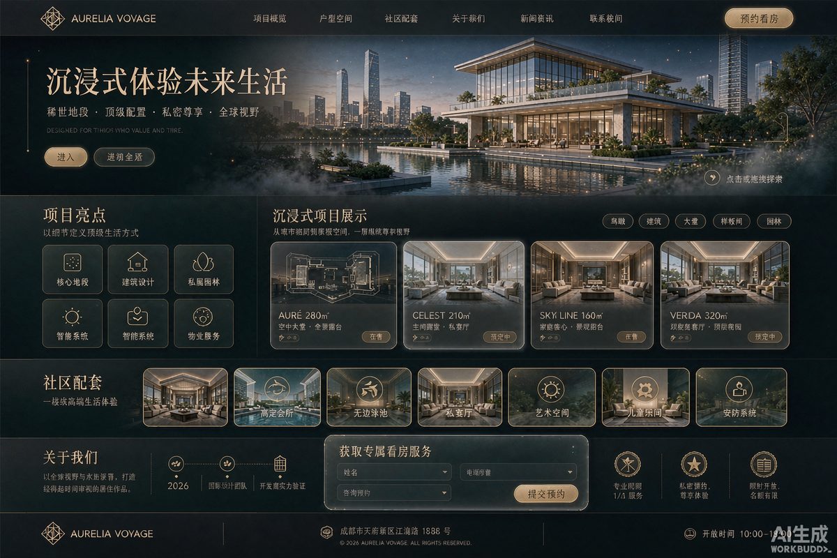 楼盘项目展示站网站效果示意图 — 房产家居行业「高端 · 沉浸」官网模板