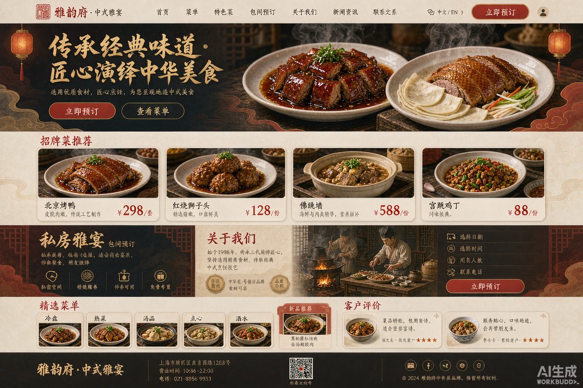 中餐品牌官网网站效果示意图 — 餐饮美食行业「国潮 · 食欲导向」官网模板