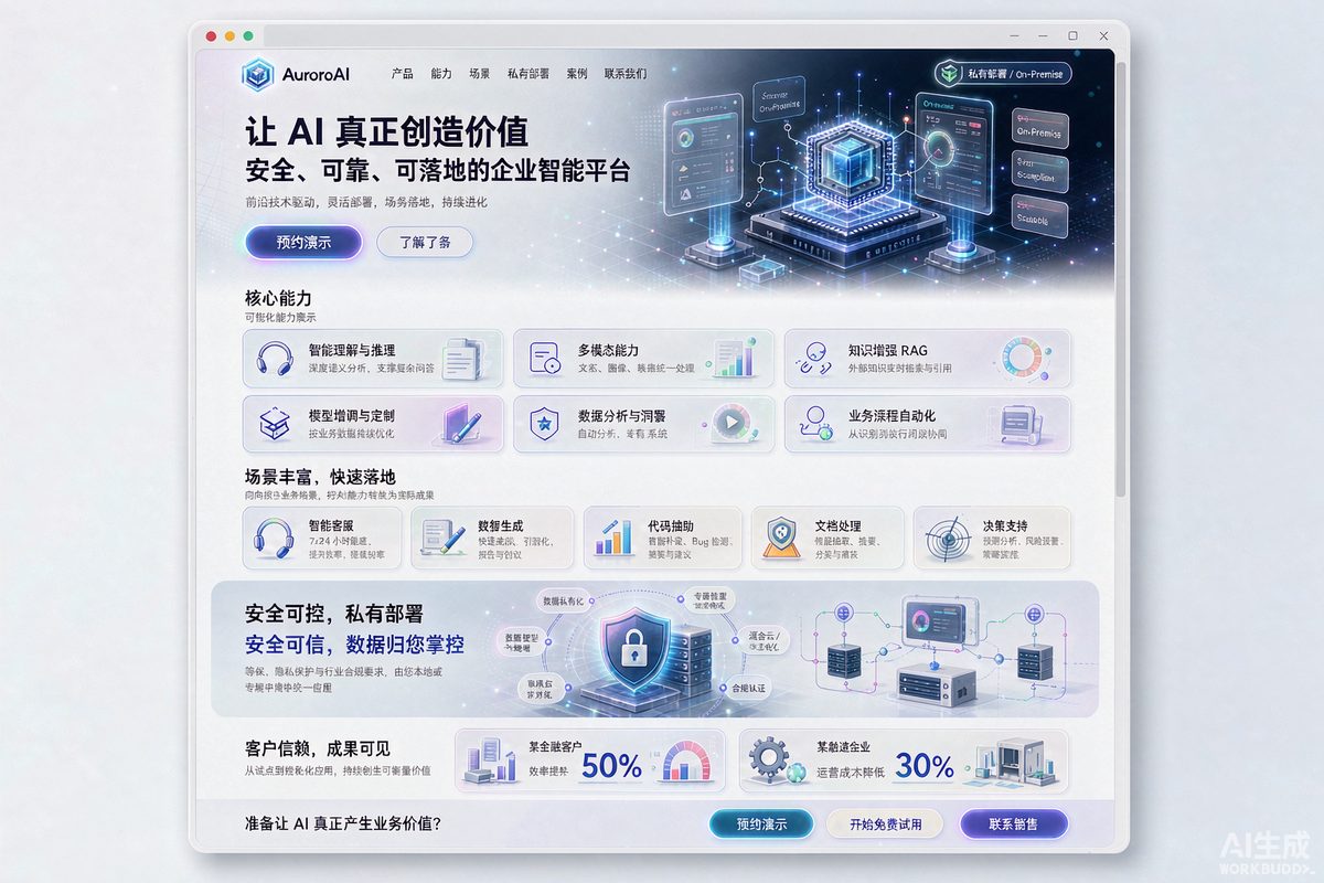 AI 应用产品站网站效果示意图 — 软件科技行业「前沿 · 价值」官网模板