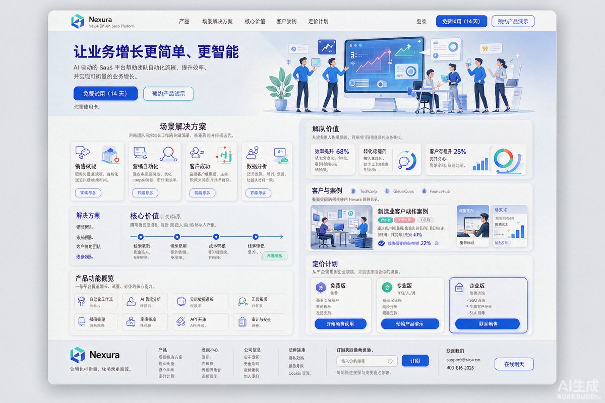 SaaS 产品官网网站效果示意图 — 软件科技行业「现代 · 价值导向」官网模板
