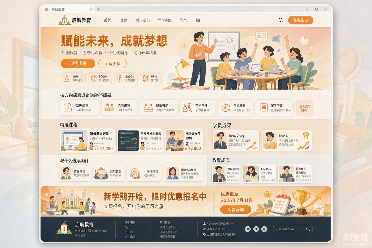 教育培训网站建设效果示意图 — 把师资、课程与成果讲透的招生型官网