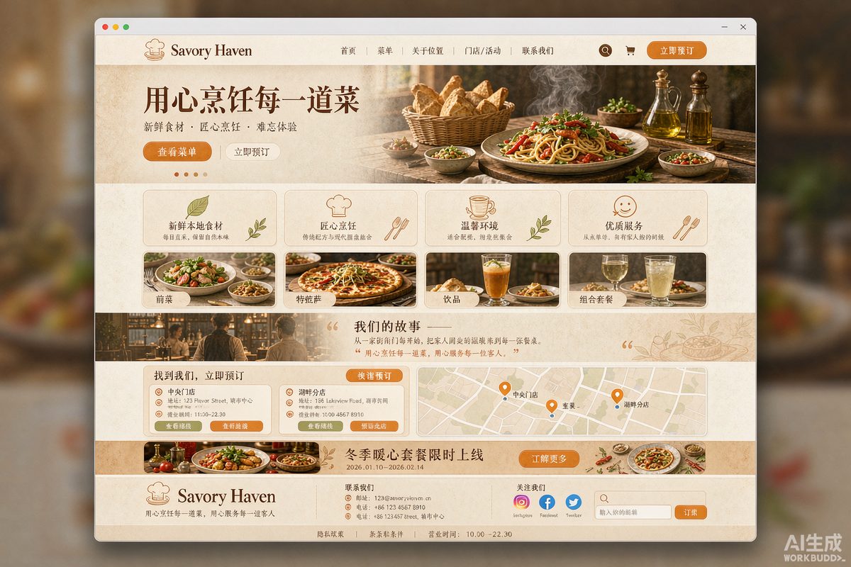 餐饮美食网站建设效果示意图 — 让人「想吃、能订、找得到」的餐饮官网